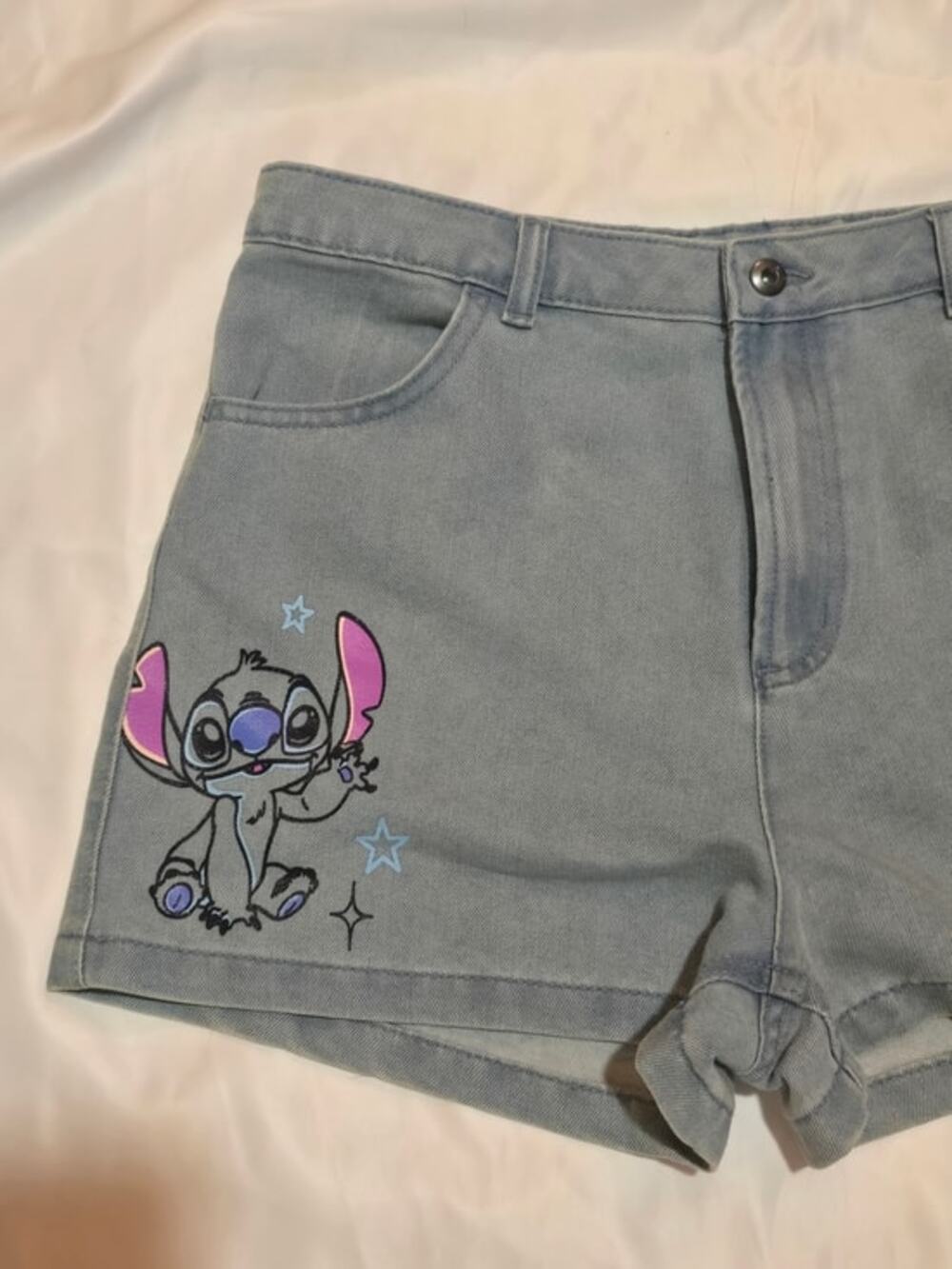 Disney Stitch Light Blue Denim Shorts with Pink Accents